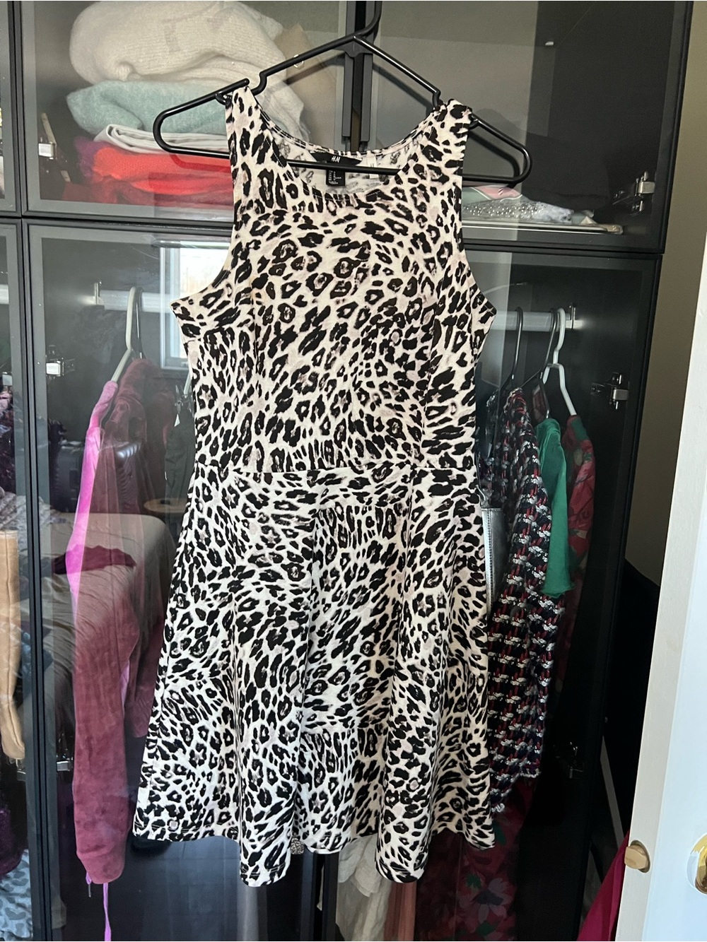 H&M Black and White Leopard-Print Fit & Flare Mini Dress